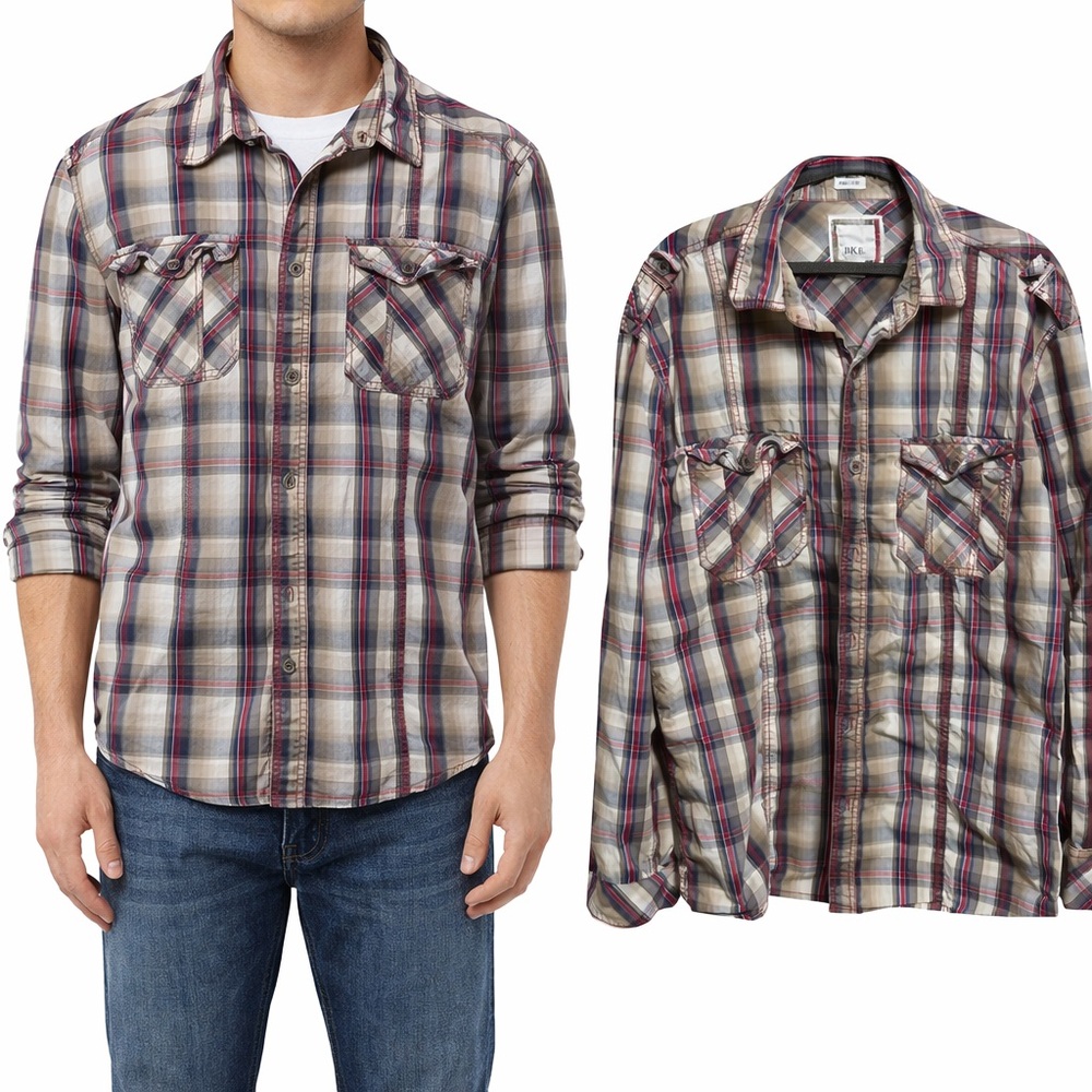 BKE Mens Athletic Fit Plaid Button Down Shirt XL Tan Red Blue